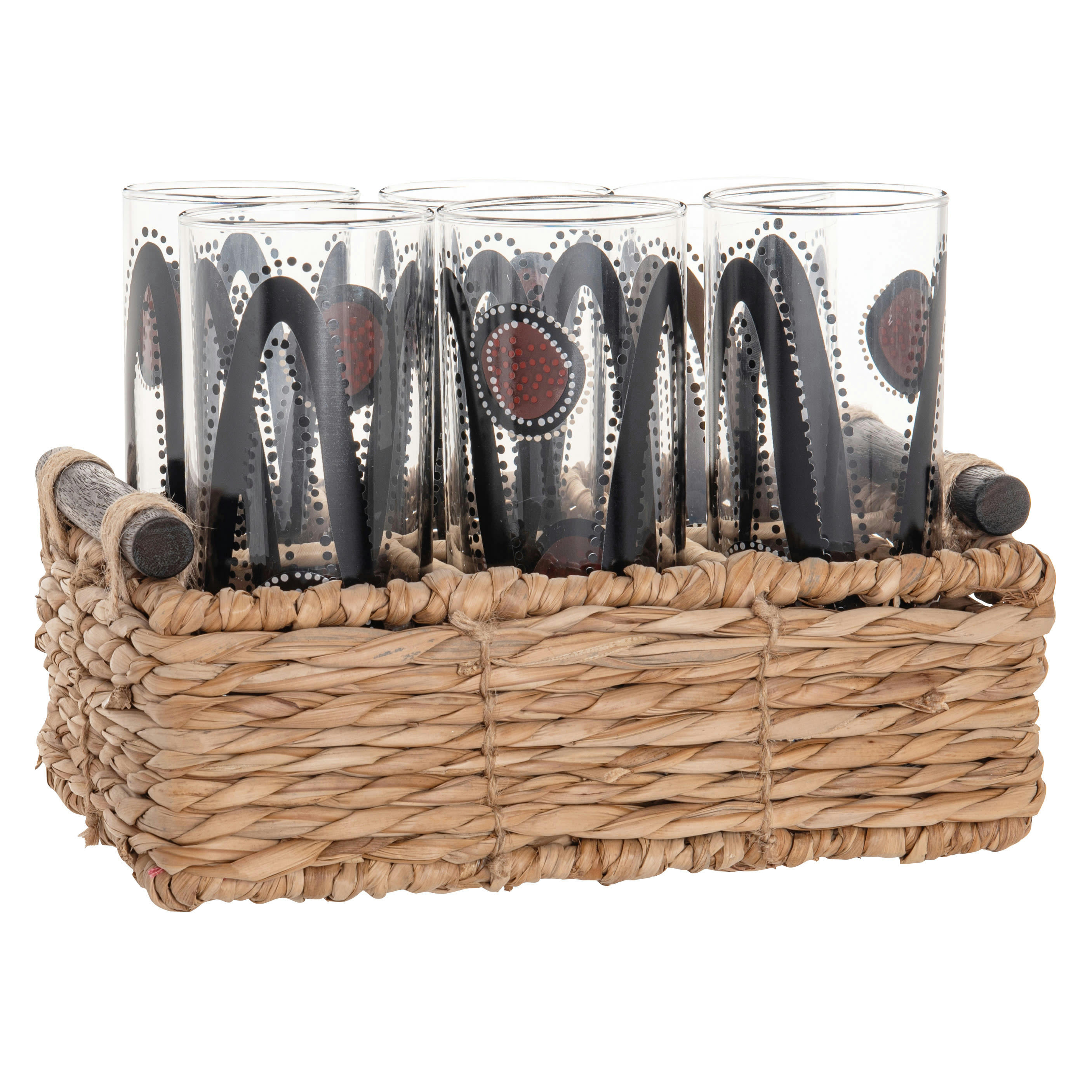 ULURU - Verres motifs abstraits brun et noirs (x6) panier en fibre végétale et bois de paulownia