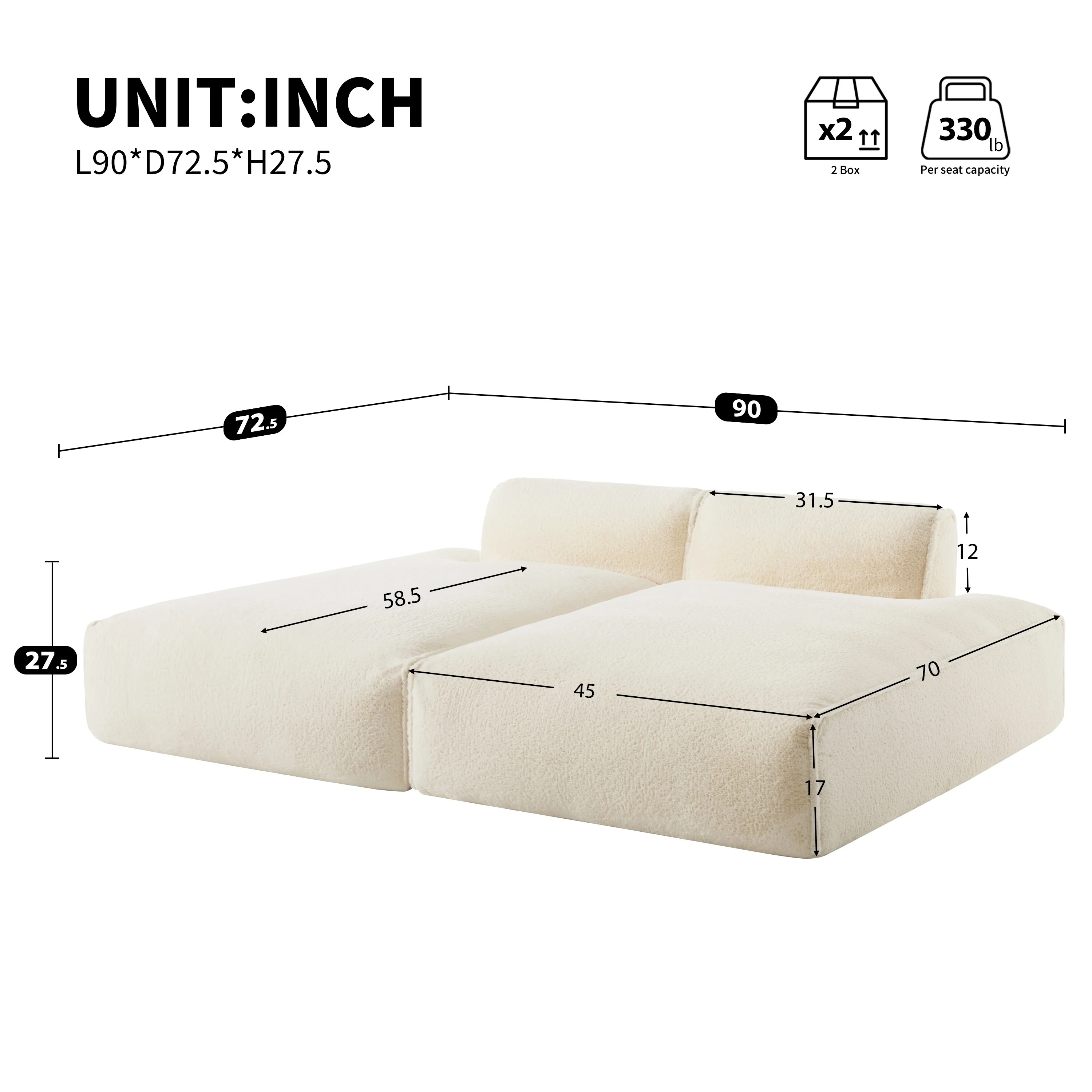 Oversized Modular Sectional Sofa,Fully Compressed,Spacious Foam-Filled Sofa Bed,2 PC Free Combination,No Assembly Required