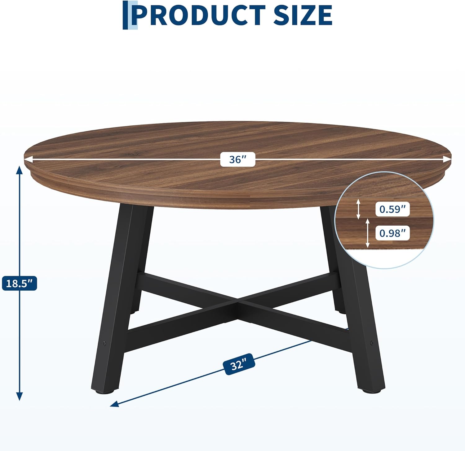 GarveeHome Round Coffee Table 36 Center Table,Large Coffee Table Industrial Accent Tables with Adjustable Feet, Living Room Tables with Thickened Legs and Designed Wood Grain, Easy Assemble