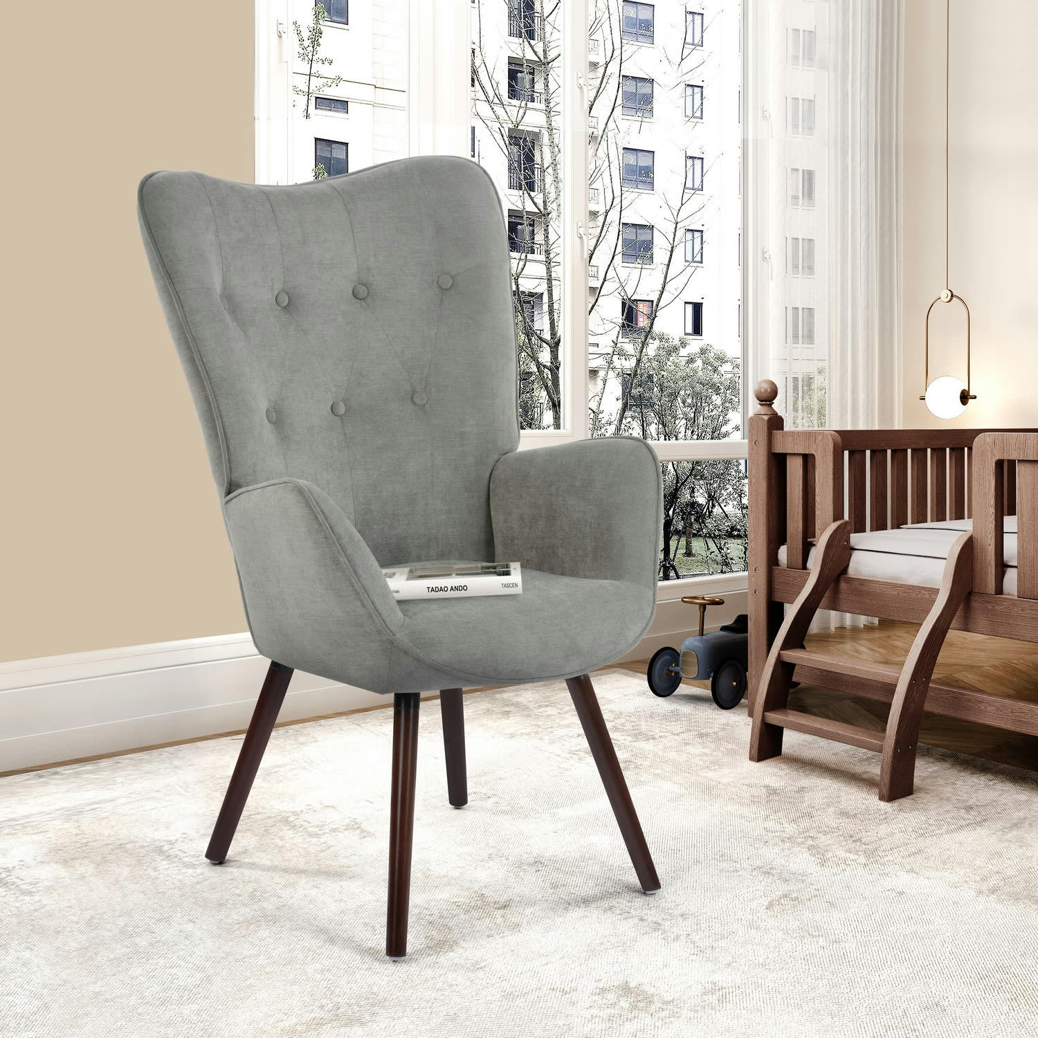 - Fauteuil scandinave capitonné en tissu gris