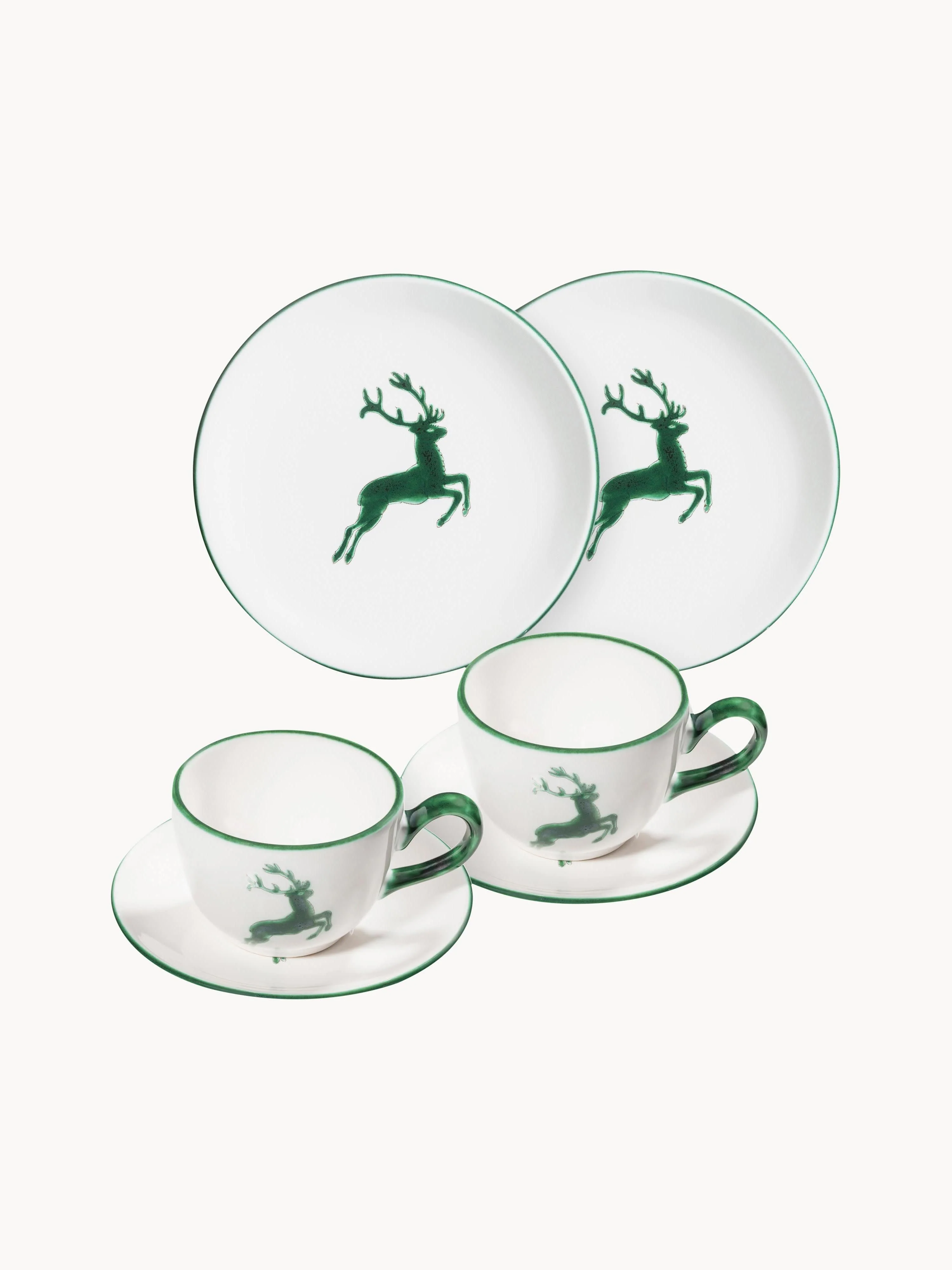 Handgefertigtes Kaffeeservice Grüner Hirsch, 2 Personen, 6er-Set
