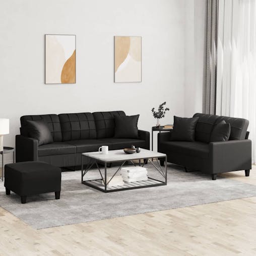 NNEVL 3 Piece Sofa Set with Pillows Black Faux Leather