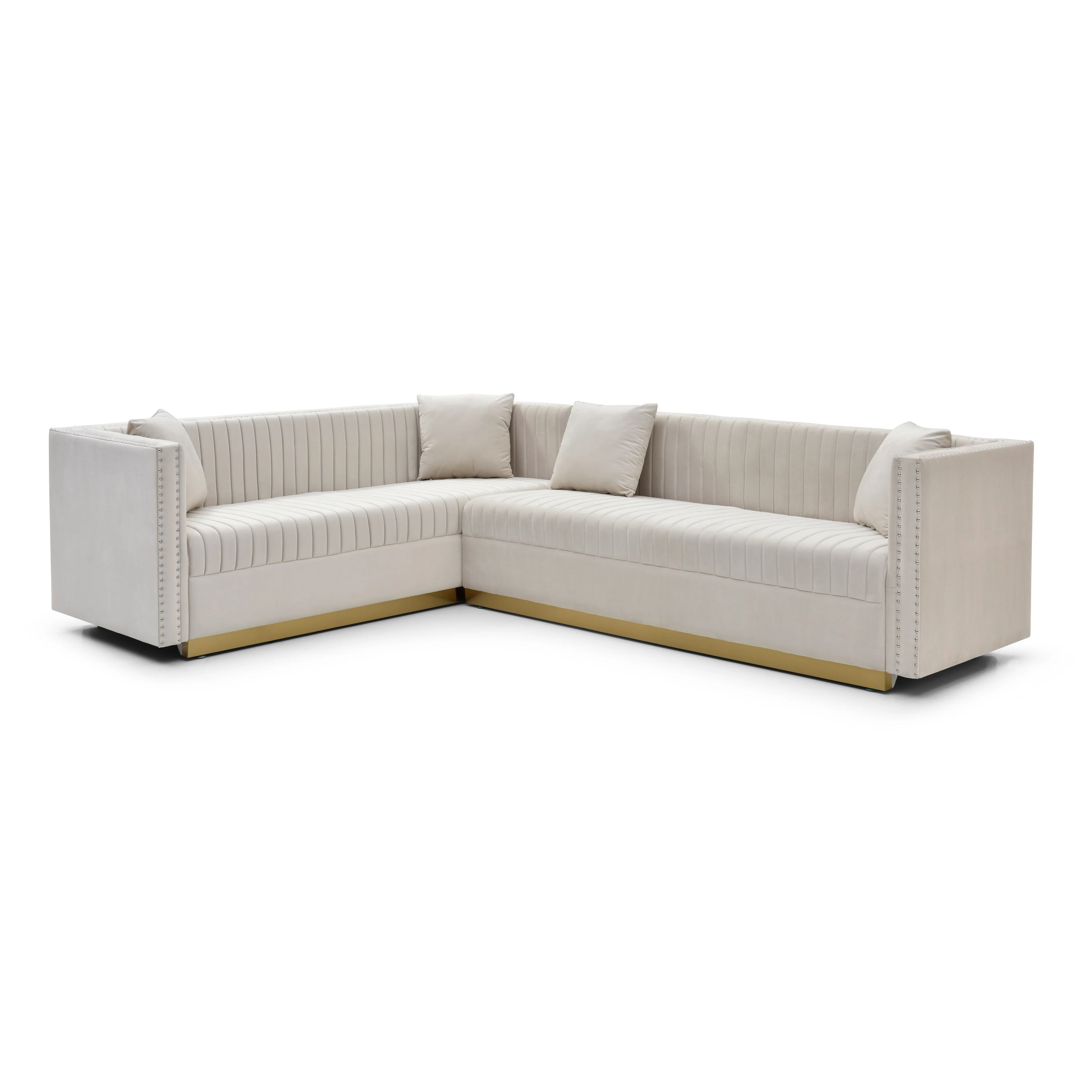 Beige 100.8'' Modern Velvet Corner 6-Seat Sectional Sofa with 4 Pillows and Vertical Channel Tufting, Perfect for Living Room