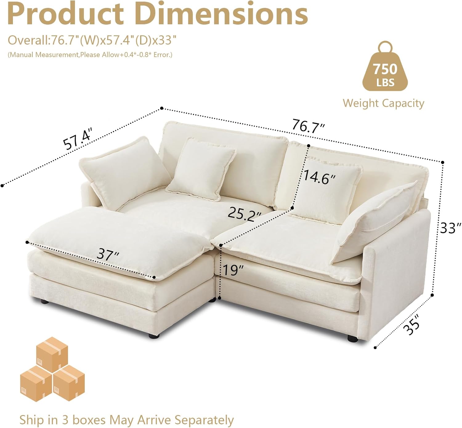 GNIXUU 76.7 Beige L Shaped Comfy Chenille Modular Cloud Sofa, Modern 2 Seater Couch with Movable Ottoman, Deep Seat Sofa with 4 Pillows for Living Room Apartment Small Places