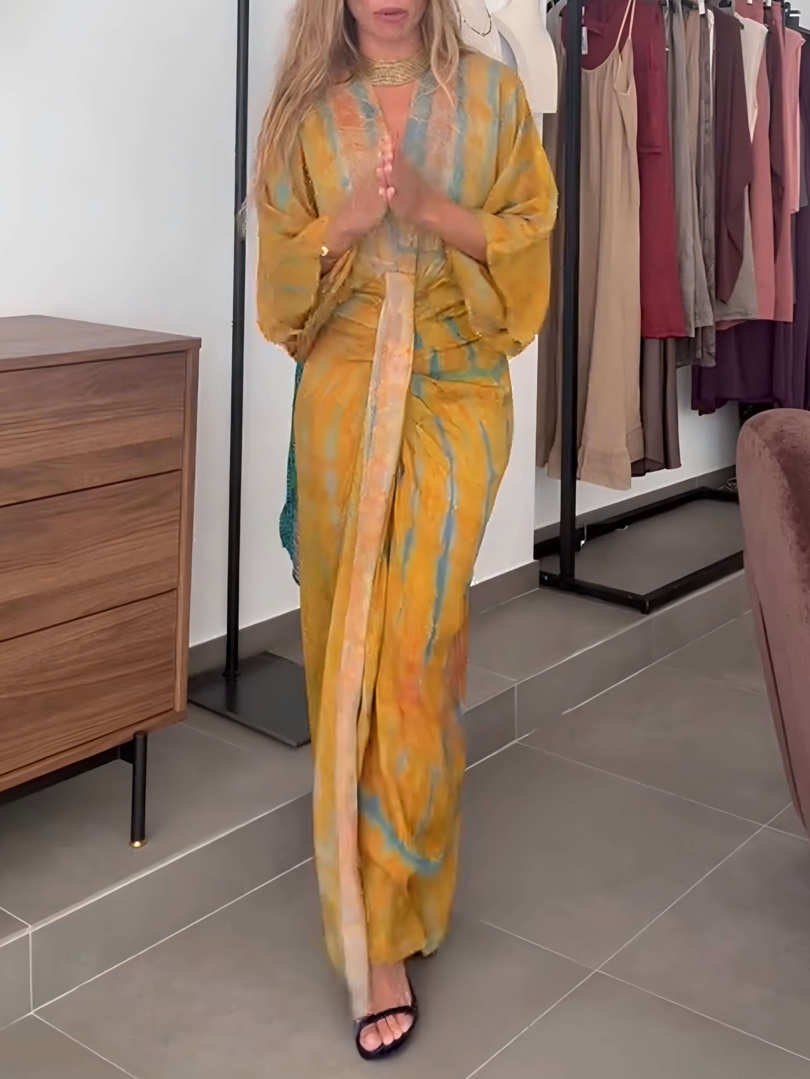 Casual Bohemian Kimono-Inspired Tie-Dye Waisted Maxi Dress