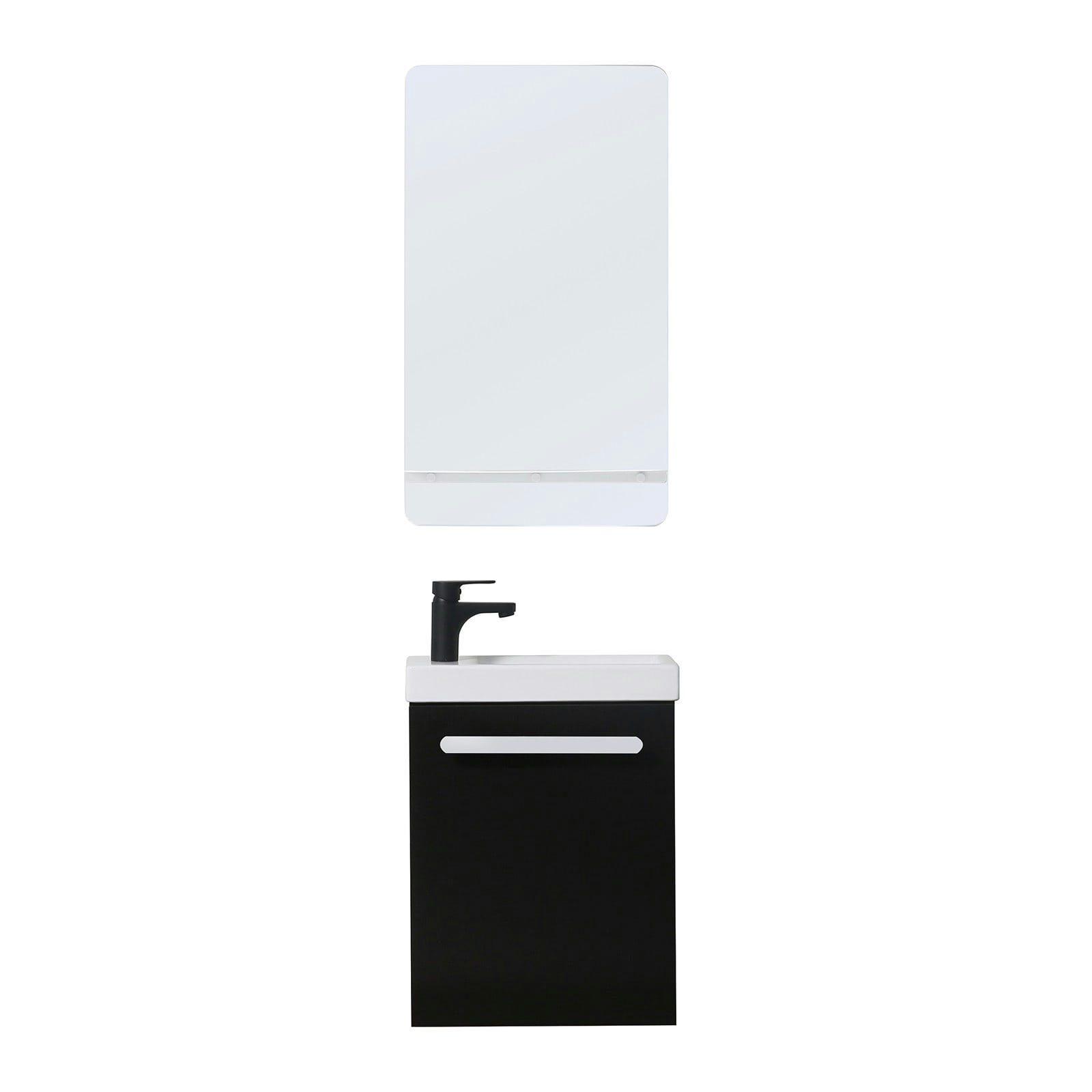 NEVADA - Meuble lave-mains  Noir carbone + robinet noir+miroir tablette blanche