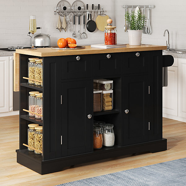 Îlot de Cuisine Mobile avec Table Pliante et Prise Intégrée, desserte avec Tiroir et étagères - Noir - 132x40-70x87 cm