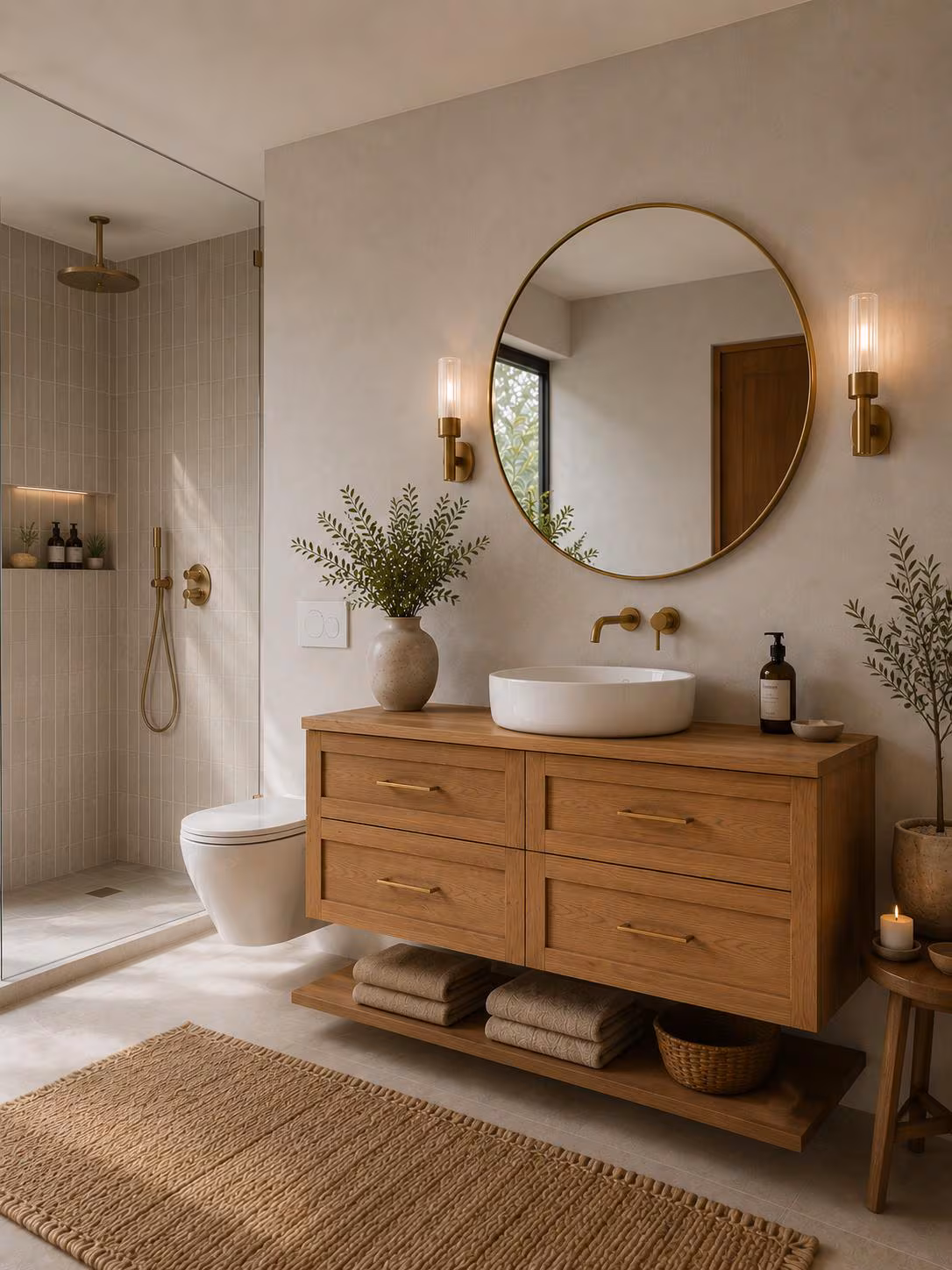 Floating Oak Bathroom Vanity, Wall-Mounted, Soft-Close Drawers