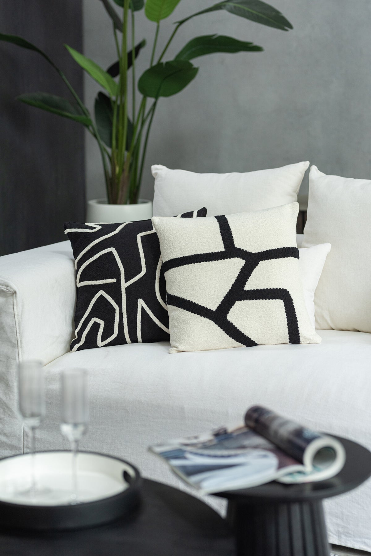 J-Line kussen Streep - textiel - wit/zwart