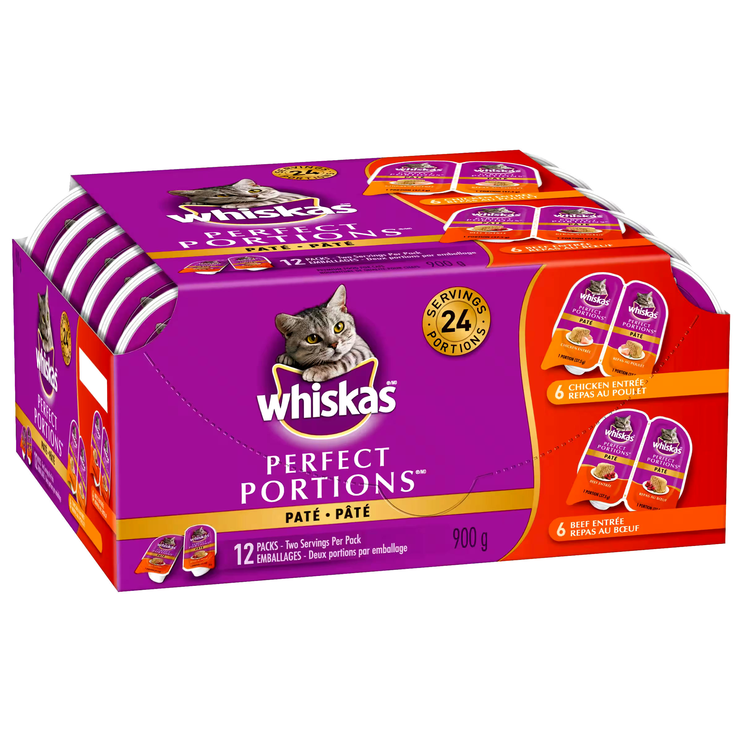 Whiskas Perfect Portions Multi-Pack Wet Cat Food, Assorted Flavours, 900-g, 12-Pk