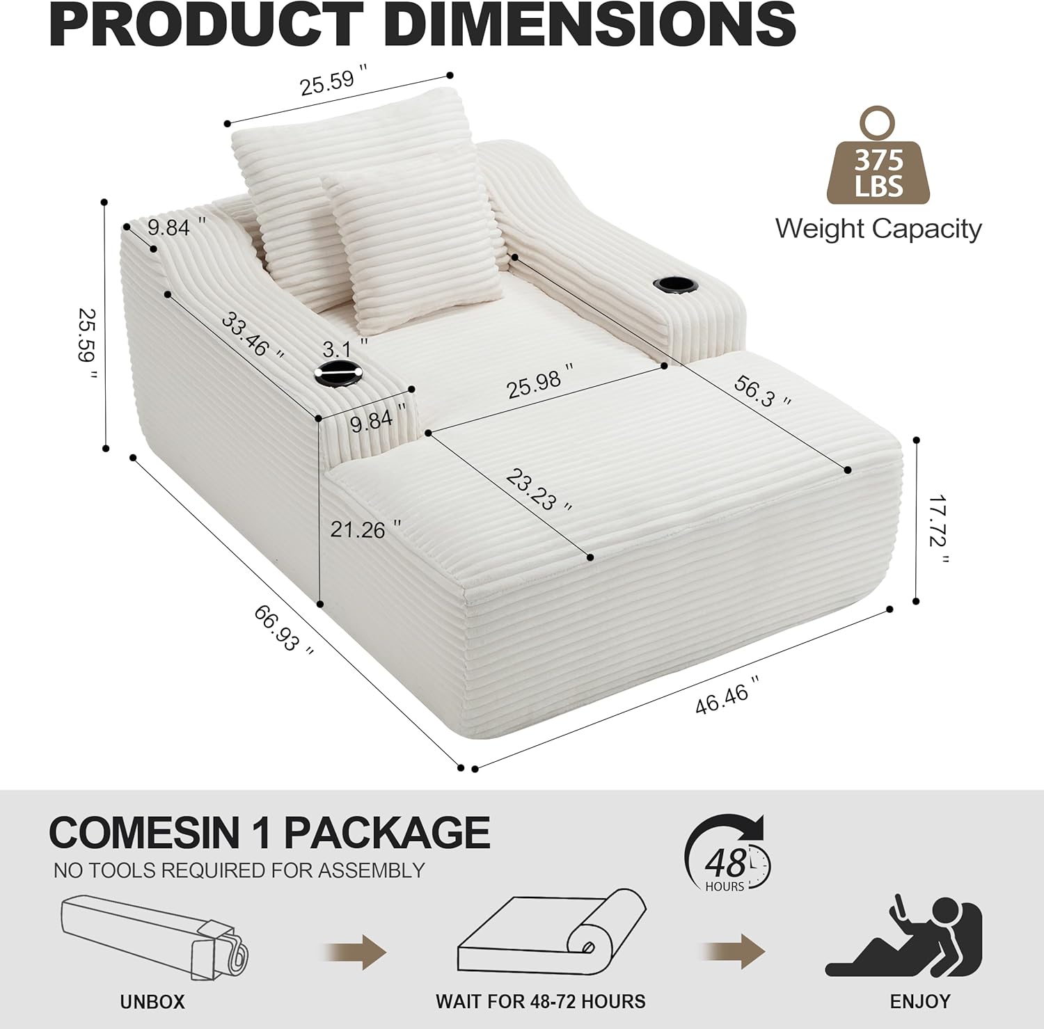 Chaise Lounge Chair Indoor, Cloud Sofa Bed with Cup Holders, Corduroy Upholstered Couch with 17.71 Seat High, Lazy Sofa Bed for Living Room Apart, Fully Assembled - White