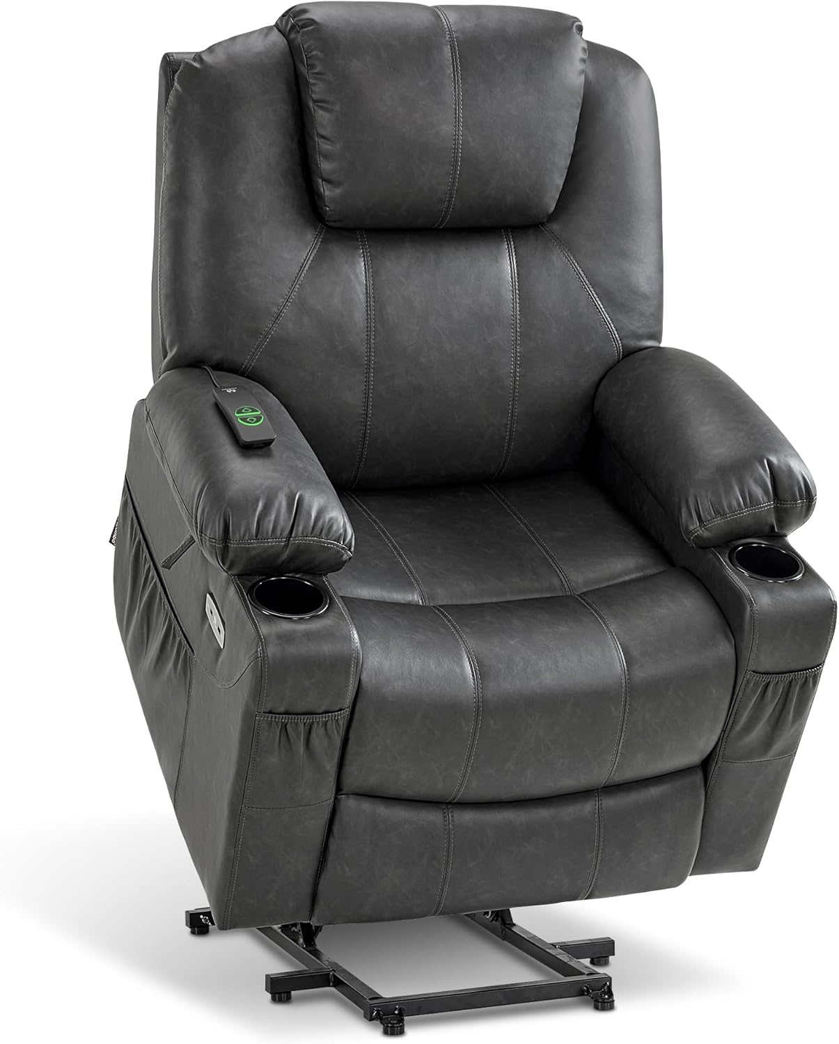 MCombo Electric Power Lift Recliner Chair Sofa with Massage and Heat for Elderly, 3 Positions, 2 Side Pockets, and Cup Holders, USB Ports, Faux Leather 7040 (Grey, Medium)