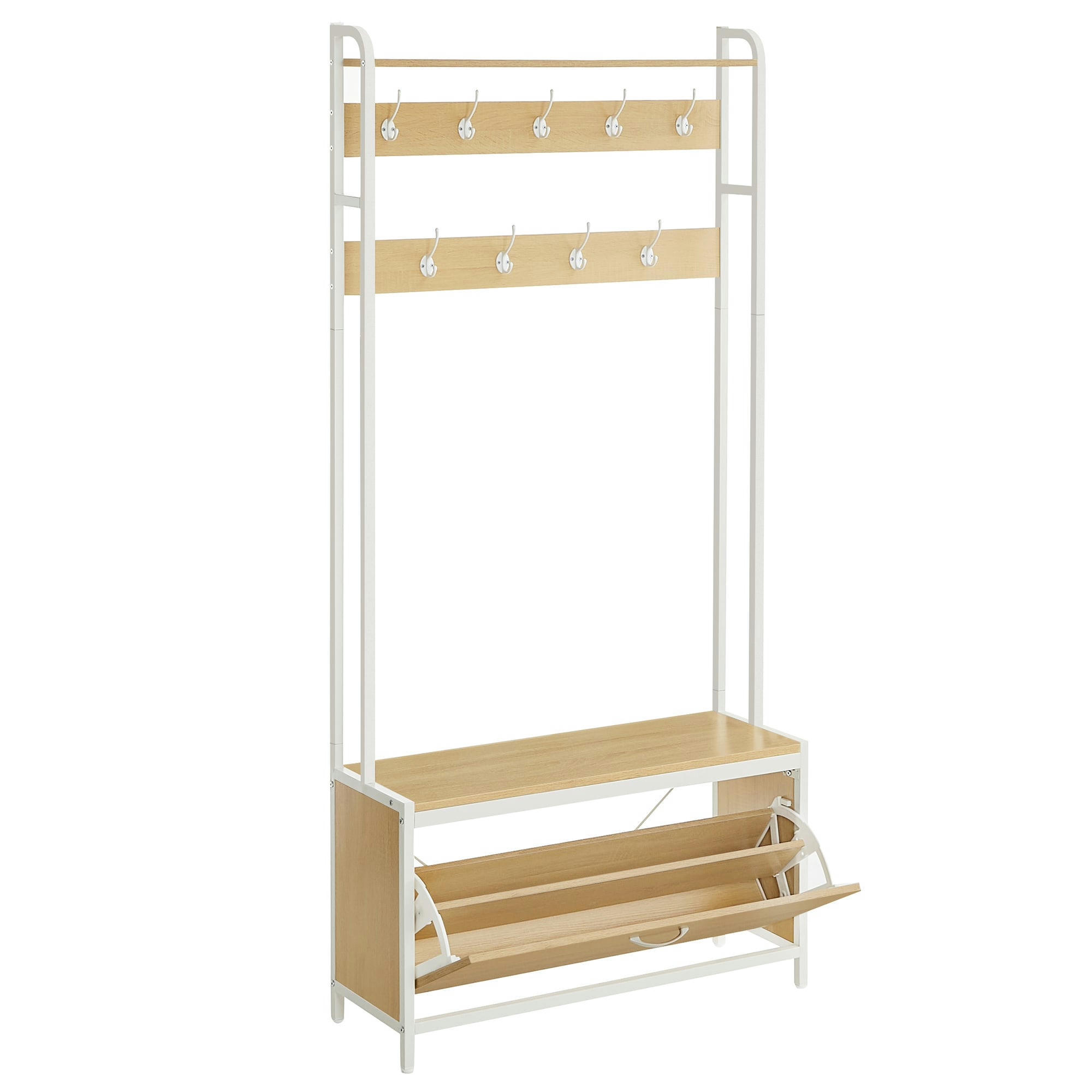 - Meuble d’entrée avec banc  9 crochets et etagère chêne et blanc