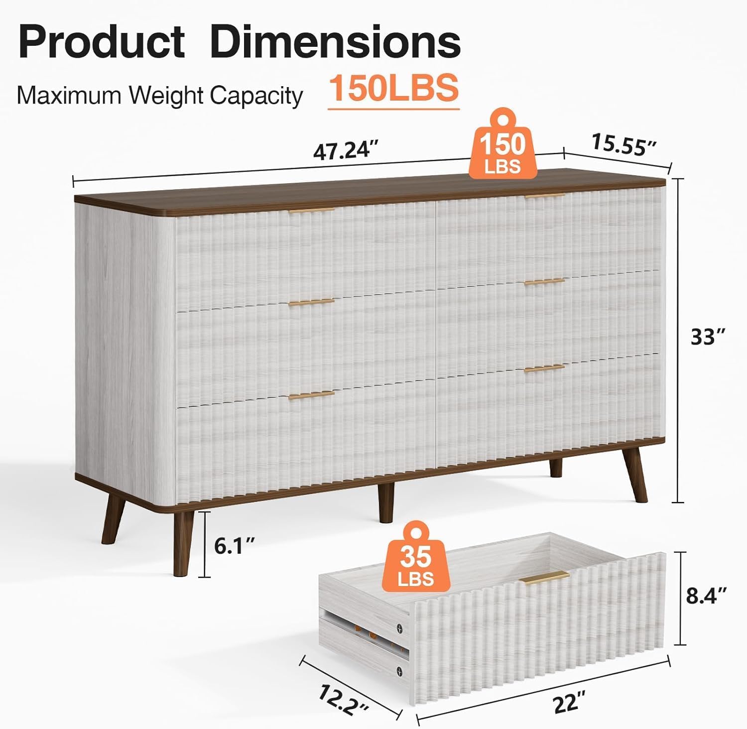 Fluted 6 Drawers Dresser, 47 Wide Wooden Chest of Drawers, Modern Mid Century Storage Closet Long Large TV Stand for Bedroom, Living Room,Hallway, Entryway, Nursery Room, Beige + Walnut