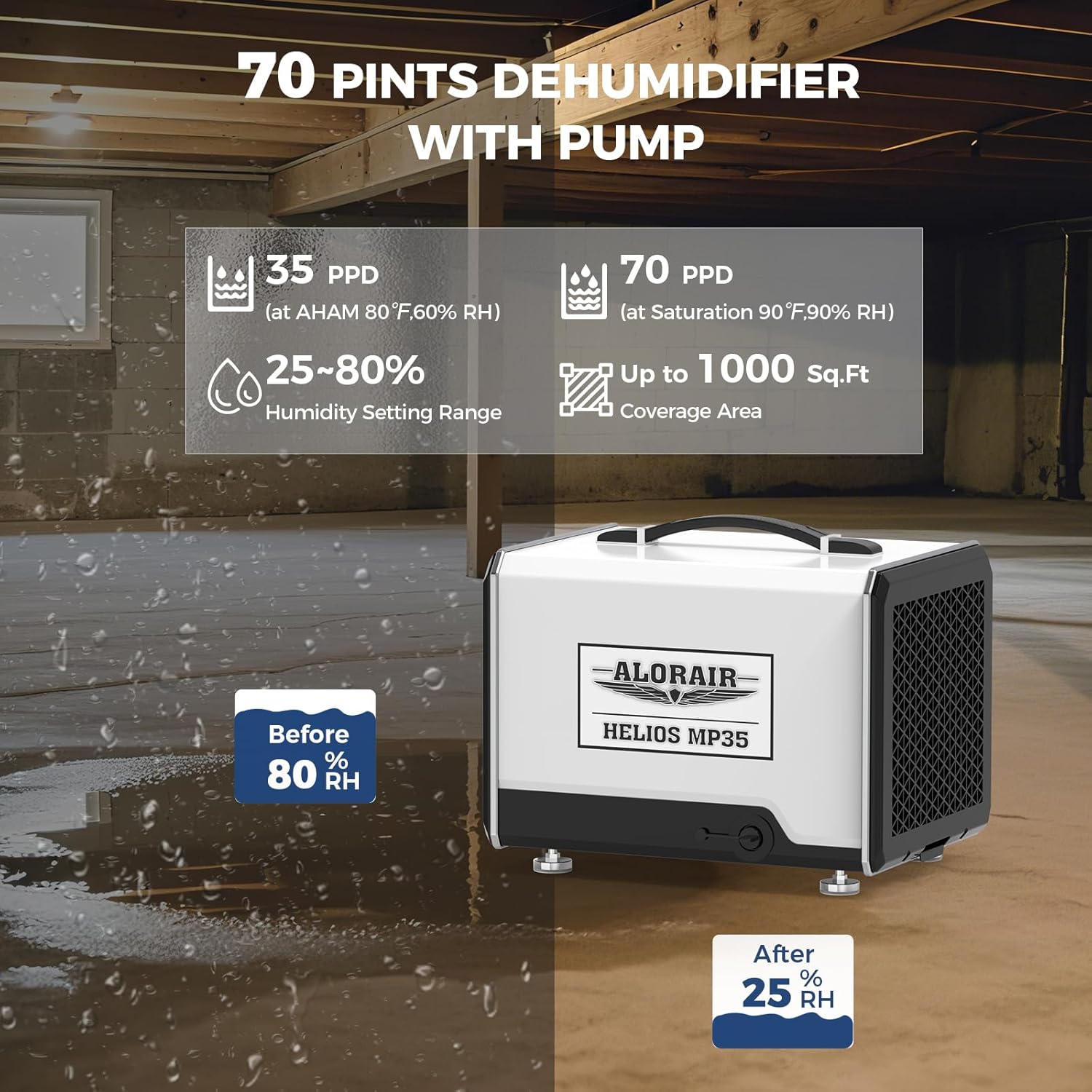 ALORAIR 70 Pints Crawl Space Dehumidifier with Pump and Drain Hose, Compact Basement & Commercial Dehumidifier for Water Damage Restoration, Covers Up to 1,000 Sq. Ft., 5-Year Limited Warranty