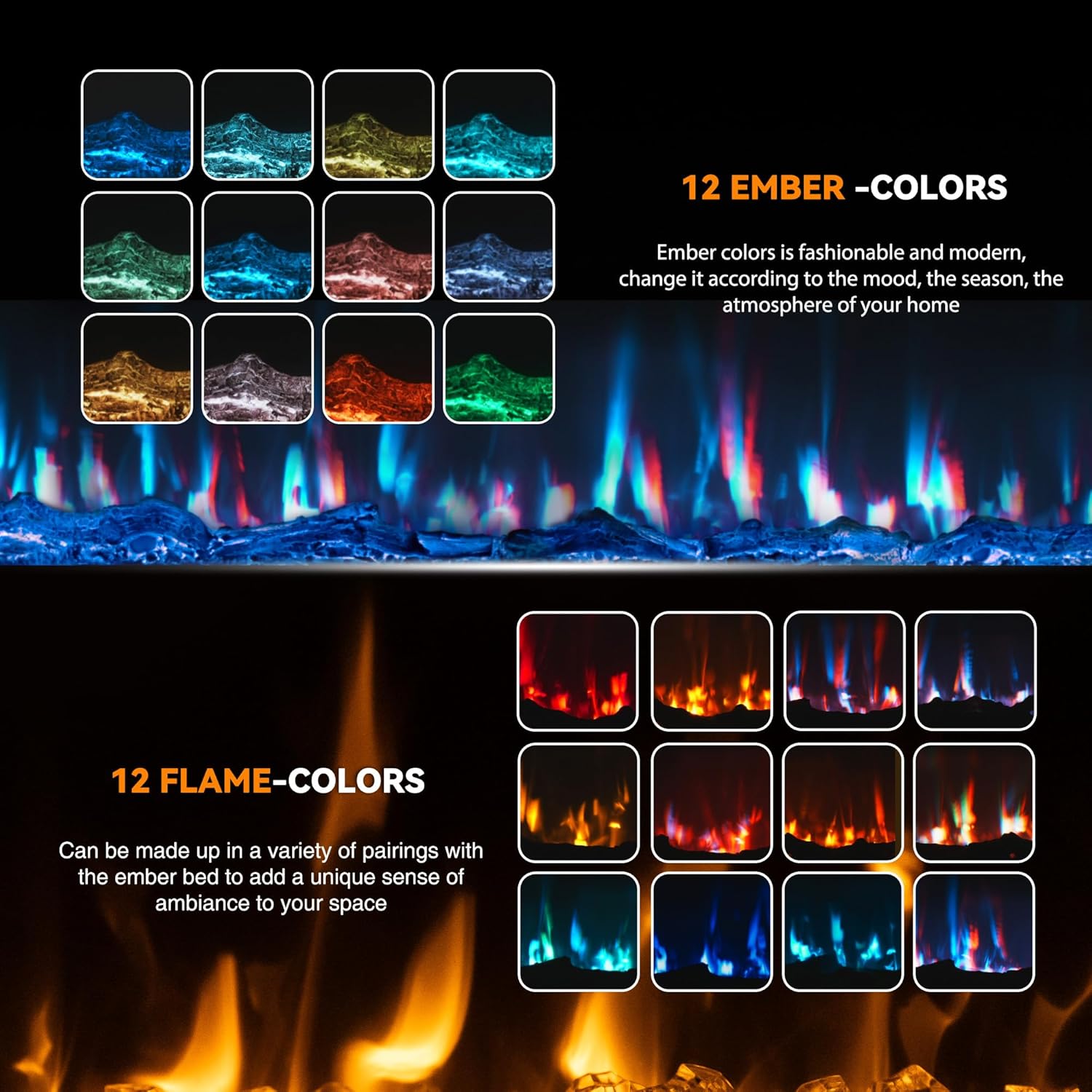 Manastin 60 Ultra-Thin Electric Fireplace Recessed and Wall Mounted with Remote Control, 12 Adjustable Color Fireplace Heater(60-99°F Thermostat), Low Noise, Timer, Child Lock