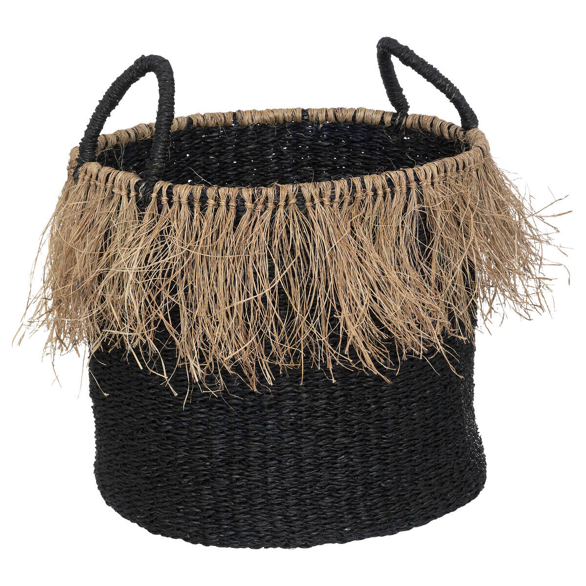 Cesto preto de ráfia e juta vegetal com franjas 29cm