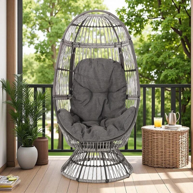 Rattan Swivel Outdoor Stand Only Chair with Beige Cushion and Water-Resistant Fabric