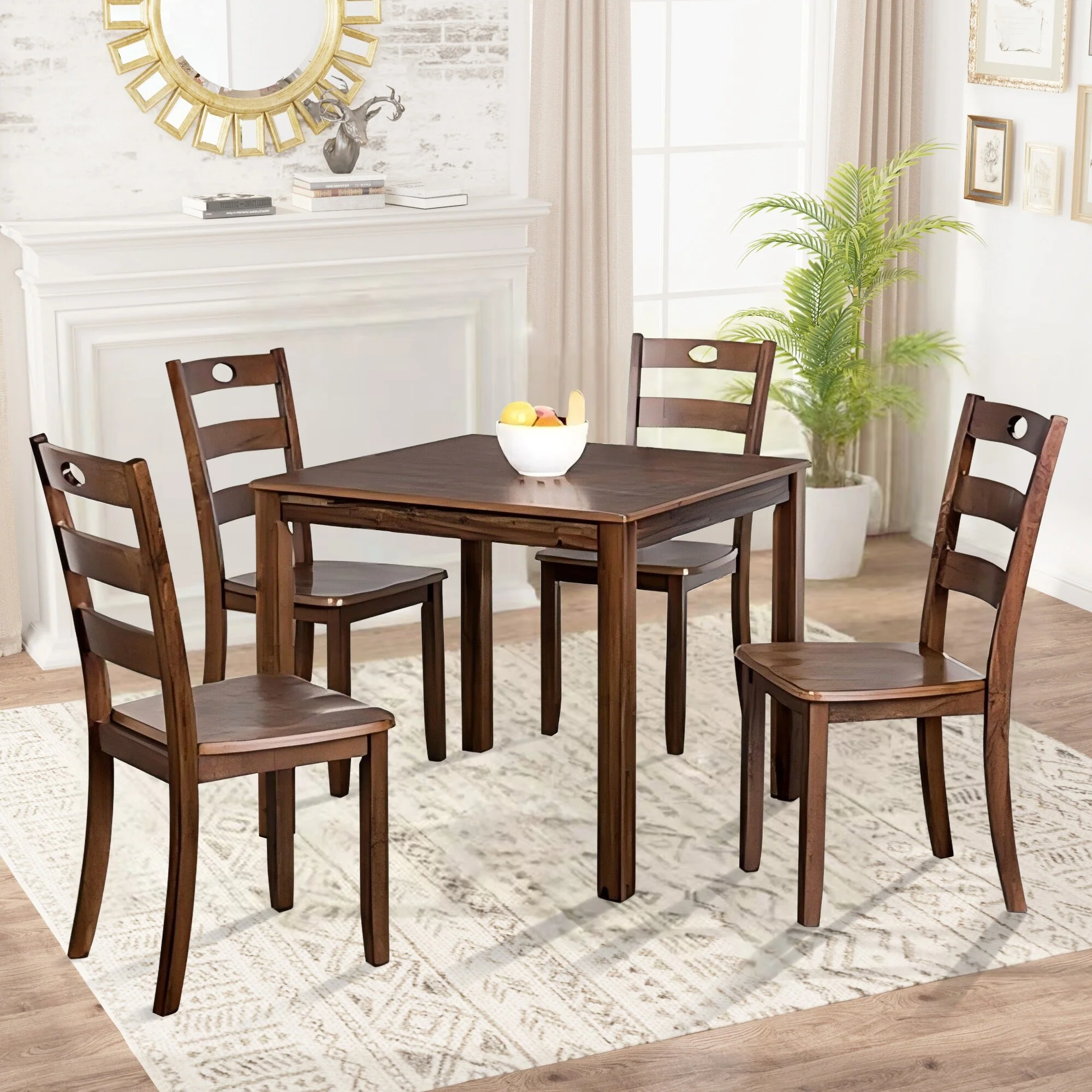 Farmhouse Walnut Solid Wood 5-piece Dining Table Set