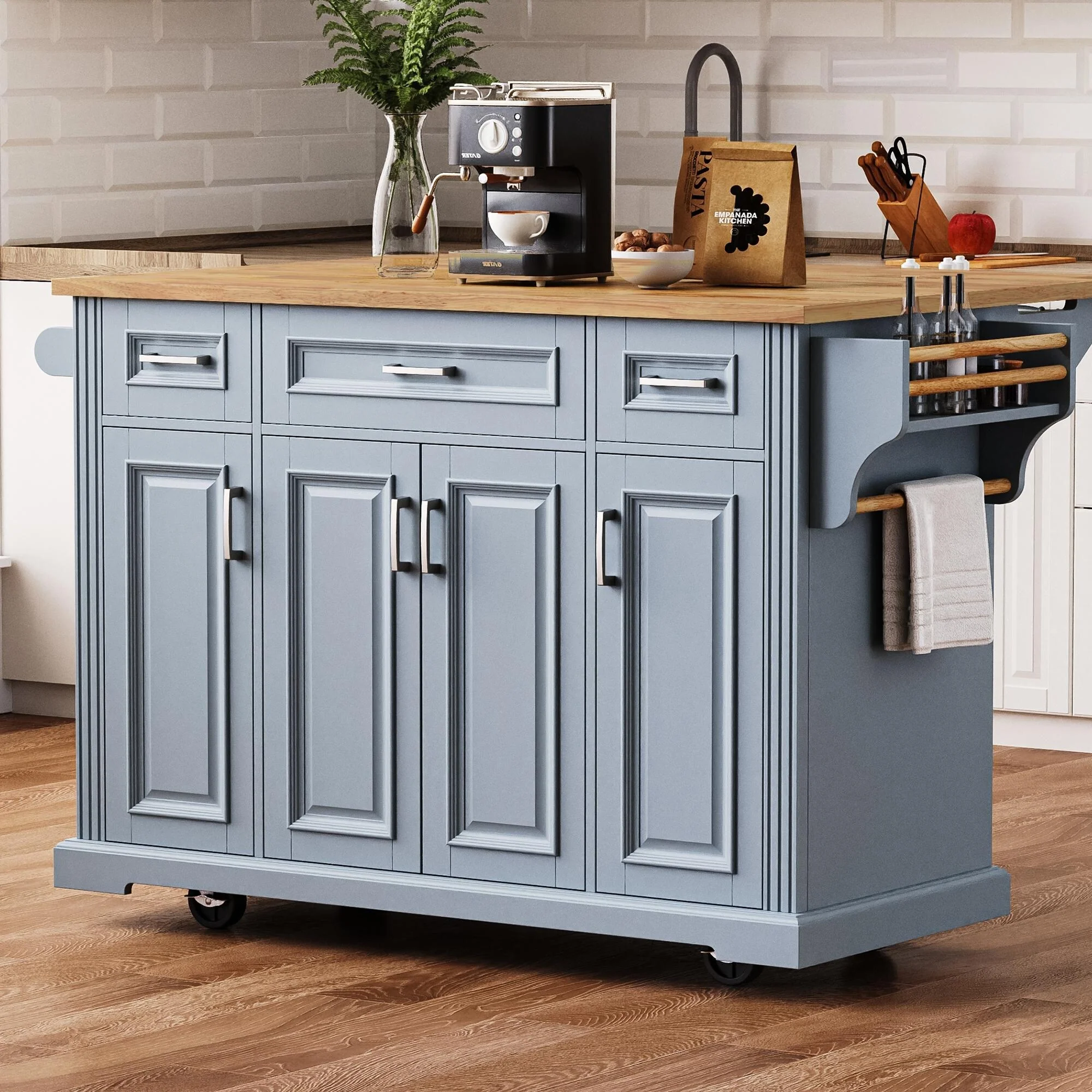 Modern Large Kitchen Island with Rubber Wood Drop Leaf, 3 Drawers Storage Cabinet, Bottom Rollers, Rolling Cart for Dining Room