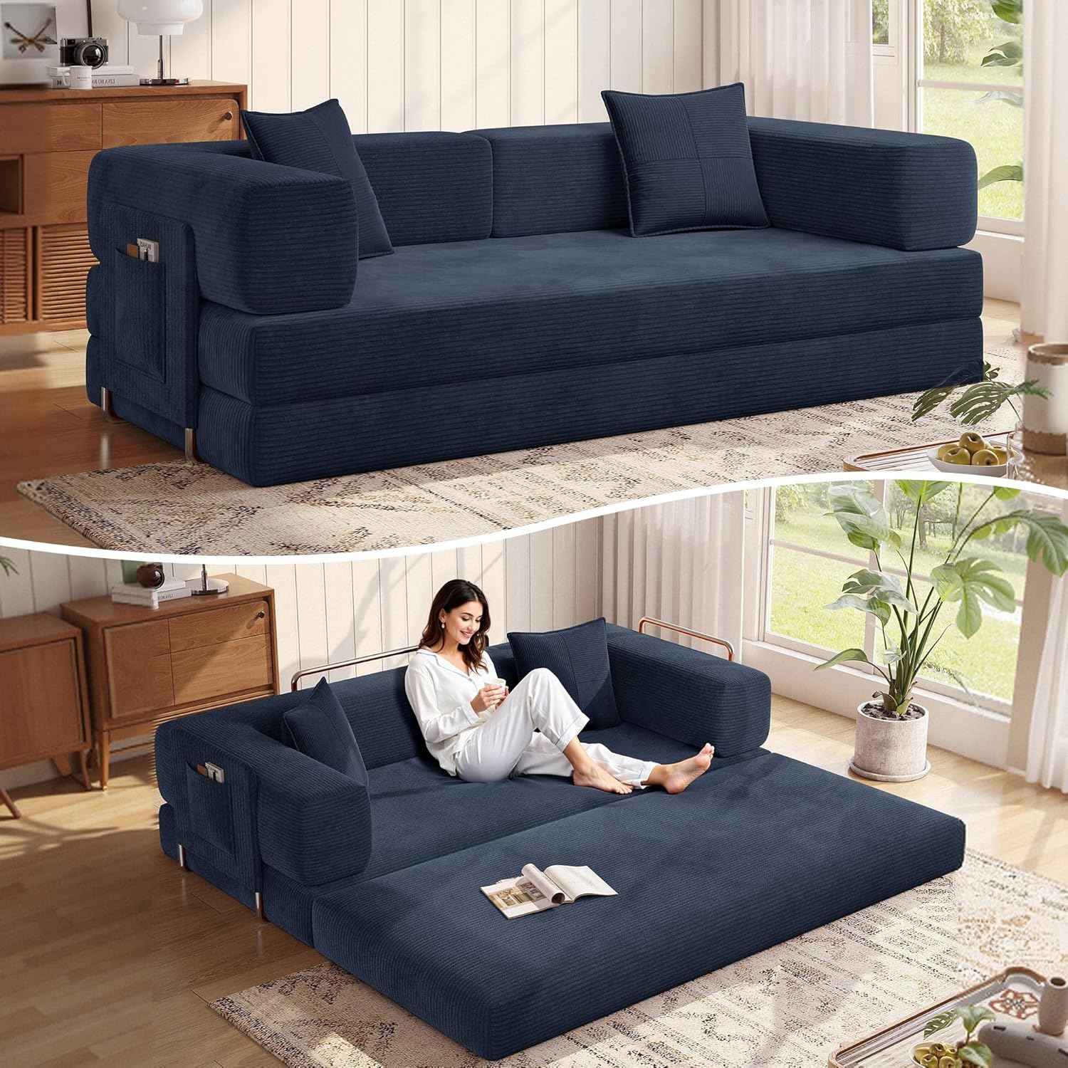 MoonSpeak 78.8''Sleeper Couch Bed for Livingroom,Convertible Modular Sofa with Armrest Pillow,Modular Foldable Corduroy Couches in a Box,No Assembly (Blue)