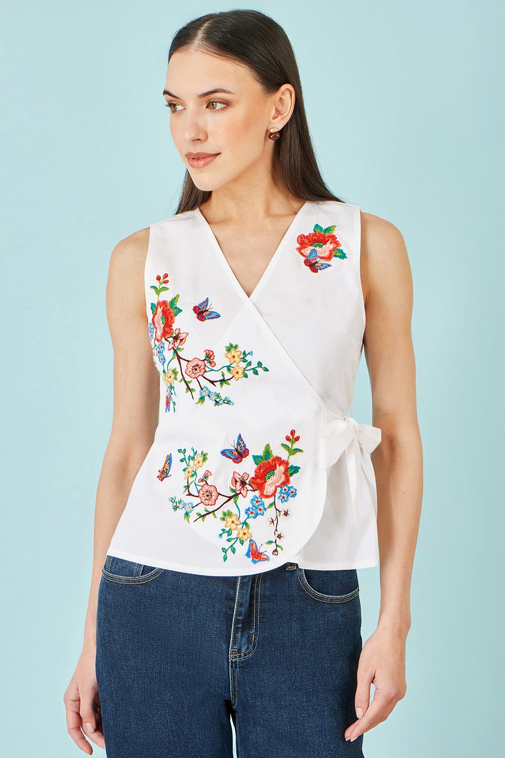 Yumi Stretch Cotton Embroidered Wrap Top