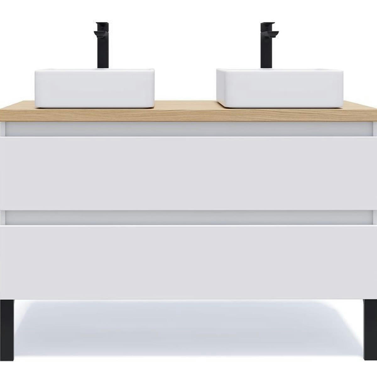 HUDSON - Meuble salle de bain 2 vasques posées 120cm 2 tiroirs Blanc