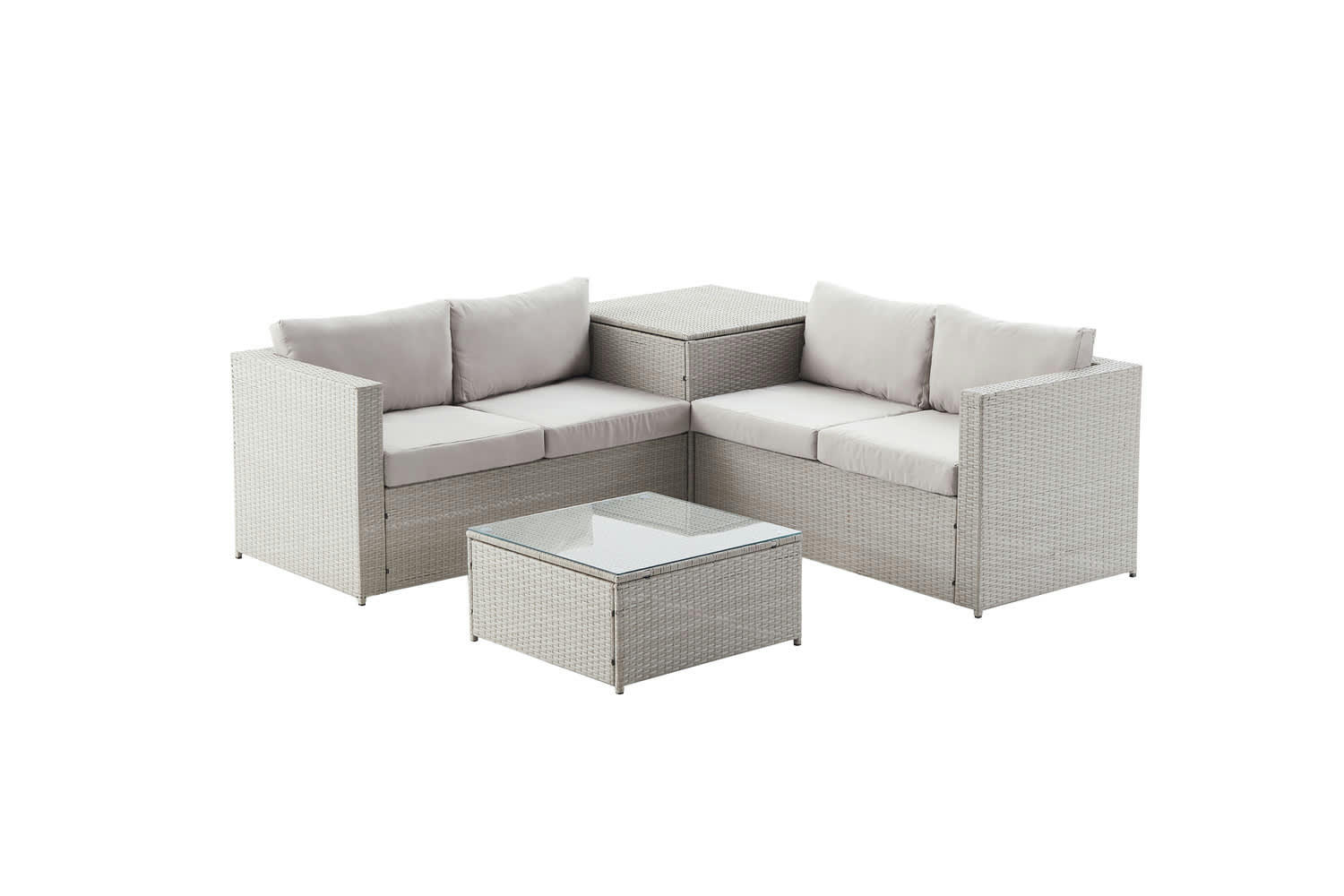 SILANG - Salon de jardin avec coffre 4 places en résine gris clair