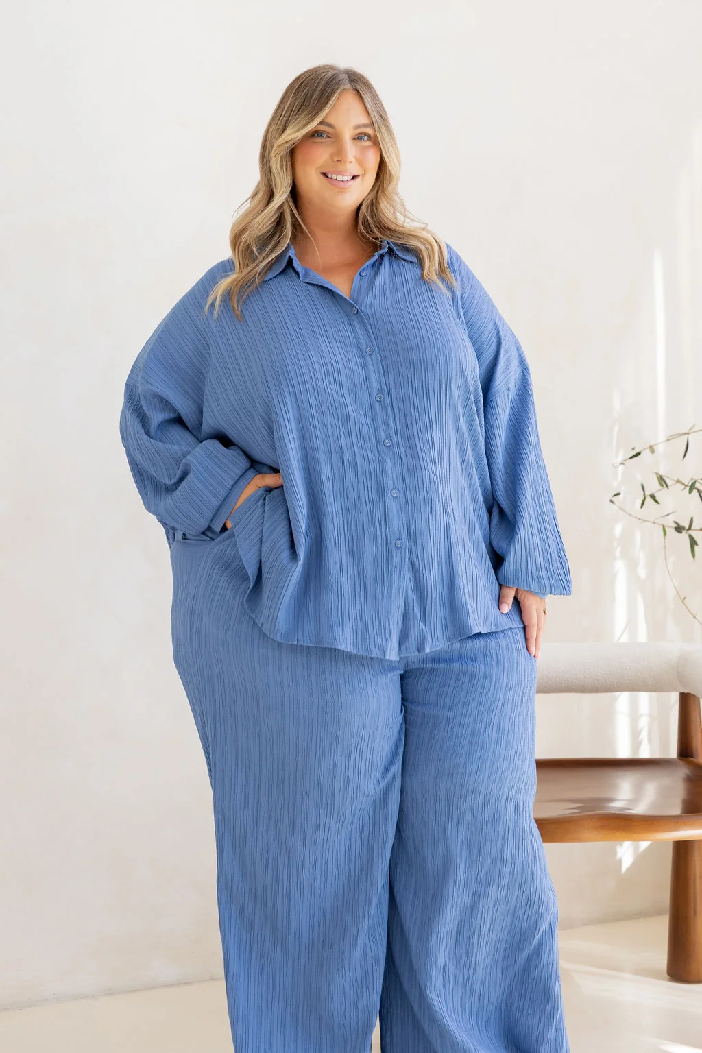 Camille Shirt in Textured Denim Blue