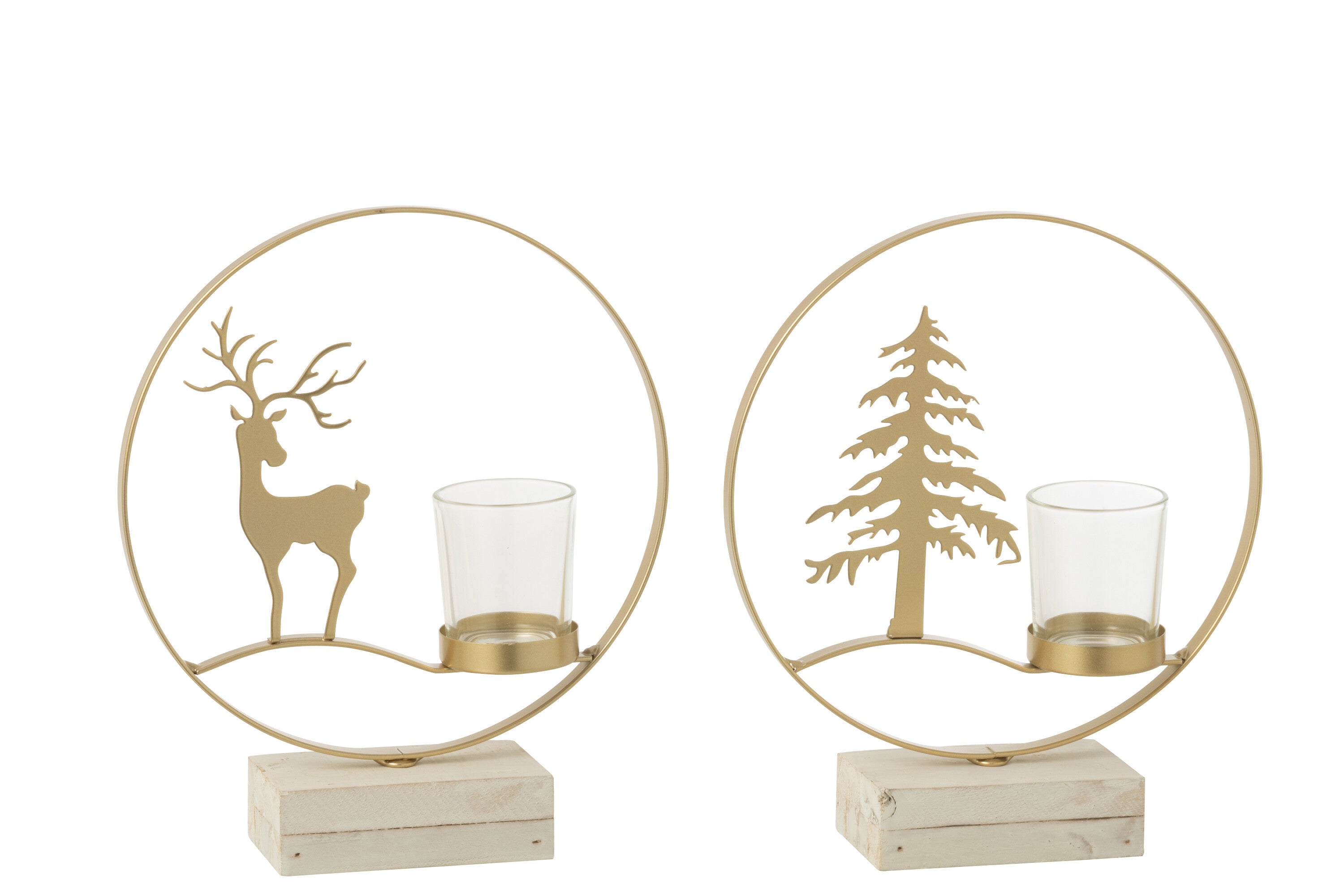 J-Line theelichthouder Rendier - hout - goud/wit - 2 stuks
