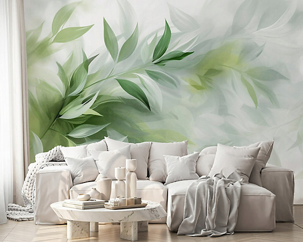 Papier Peint Panoramique Vinyle Feuilles Abstrait Vert - 254x184 cm - Papier Peint Chambre et salon