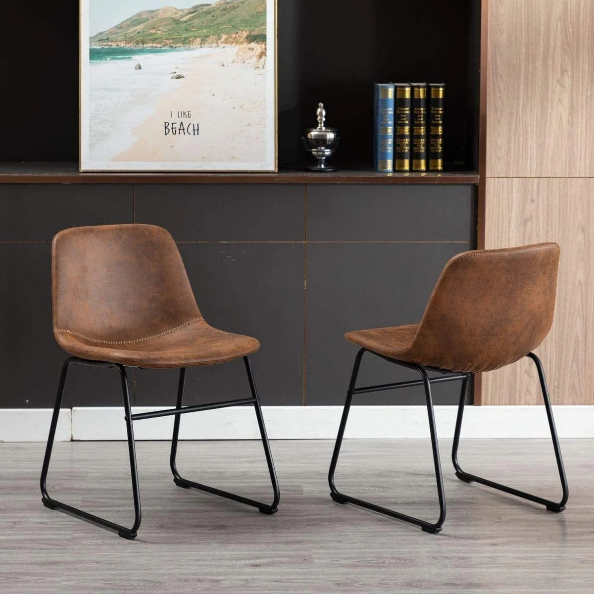 Home Beyond Set of 2 Pcs Synthetic Leather Upholstered Dining Chairs Armlesss with Metal Frame UC-13BRN