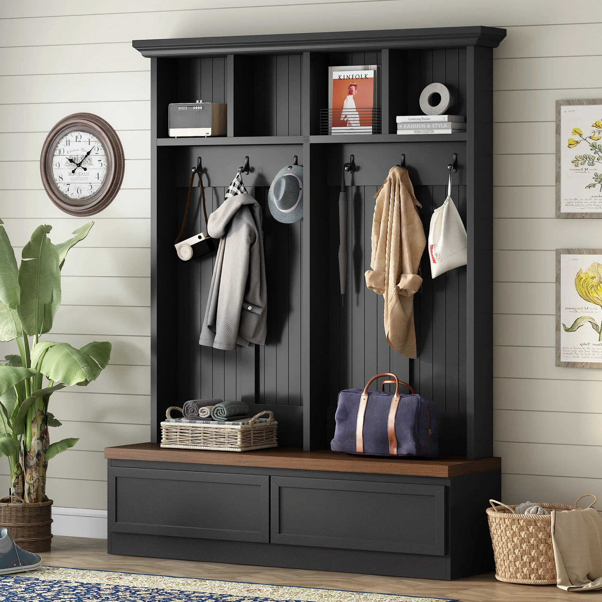 Farmhouse 4-in-1 Hall Tree with Bench, Versatile Coat Rack with 2 Large Drawers and 6 Black Hooks for Hallway, Living Room