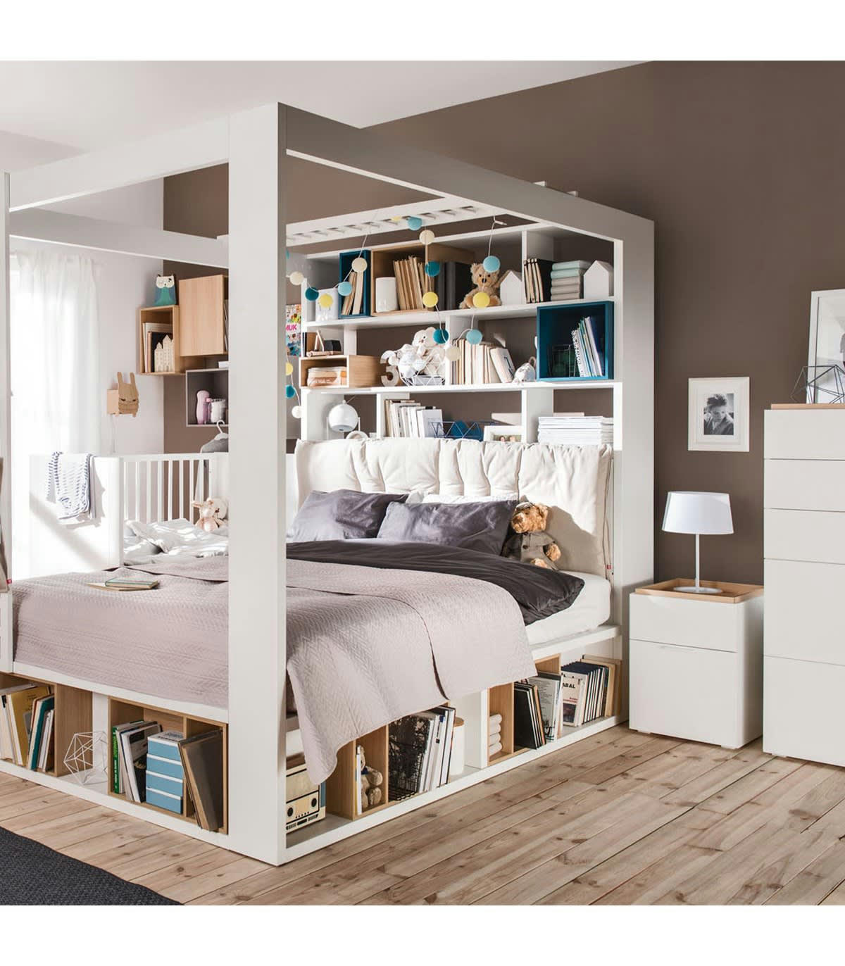 4YOU - Chevet 2 tiroirs Blanc et plateau décor Chêne