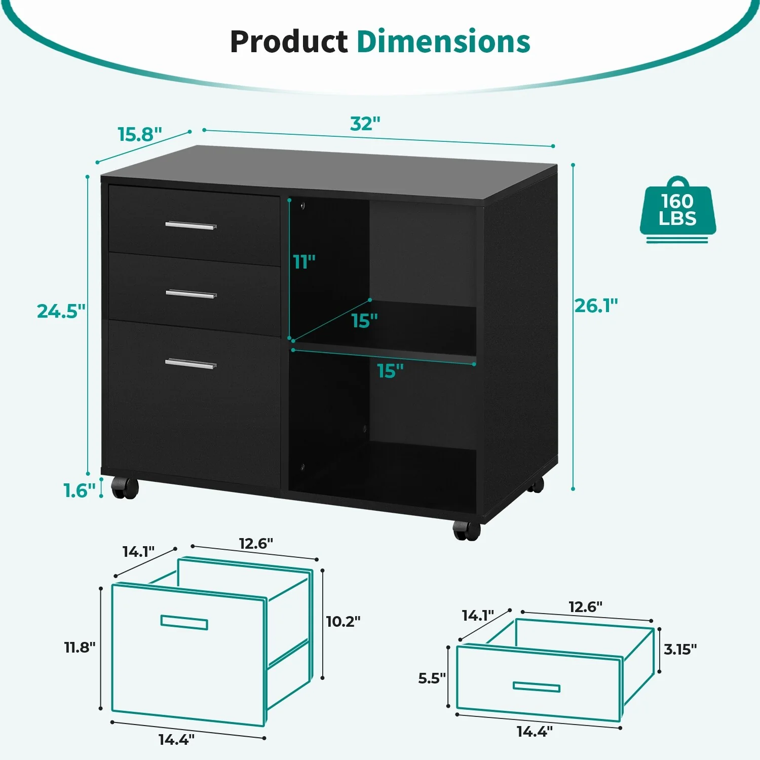 Wood Rolling Office Lateral Desk Cabinet Organizer with 3 Drawers