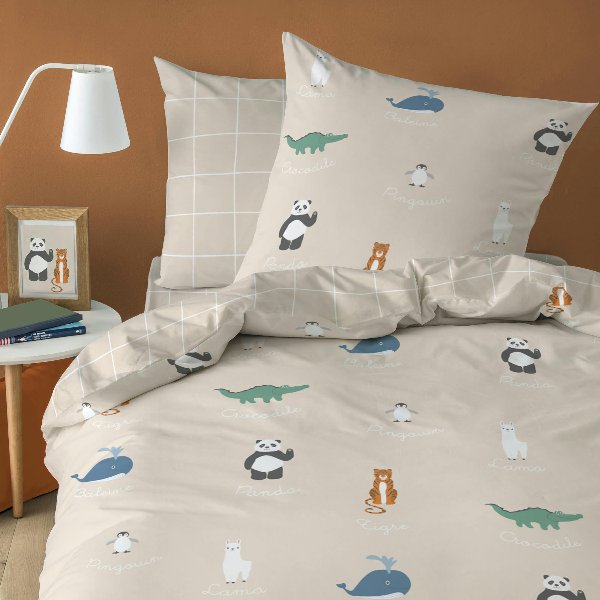 ANIMAUX DU MONDE - Housse de couette et taie d'oreiller en coton Beige 140x200+63x63cm
