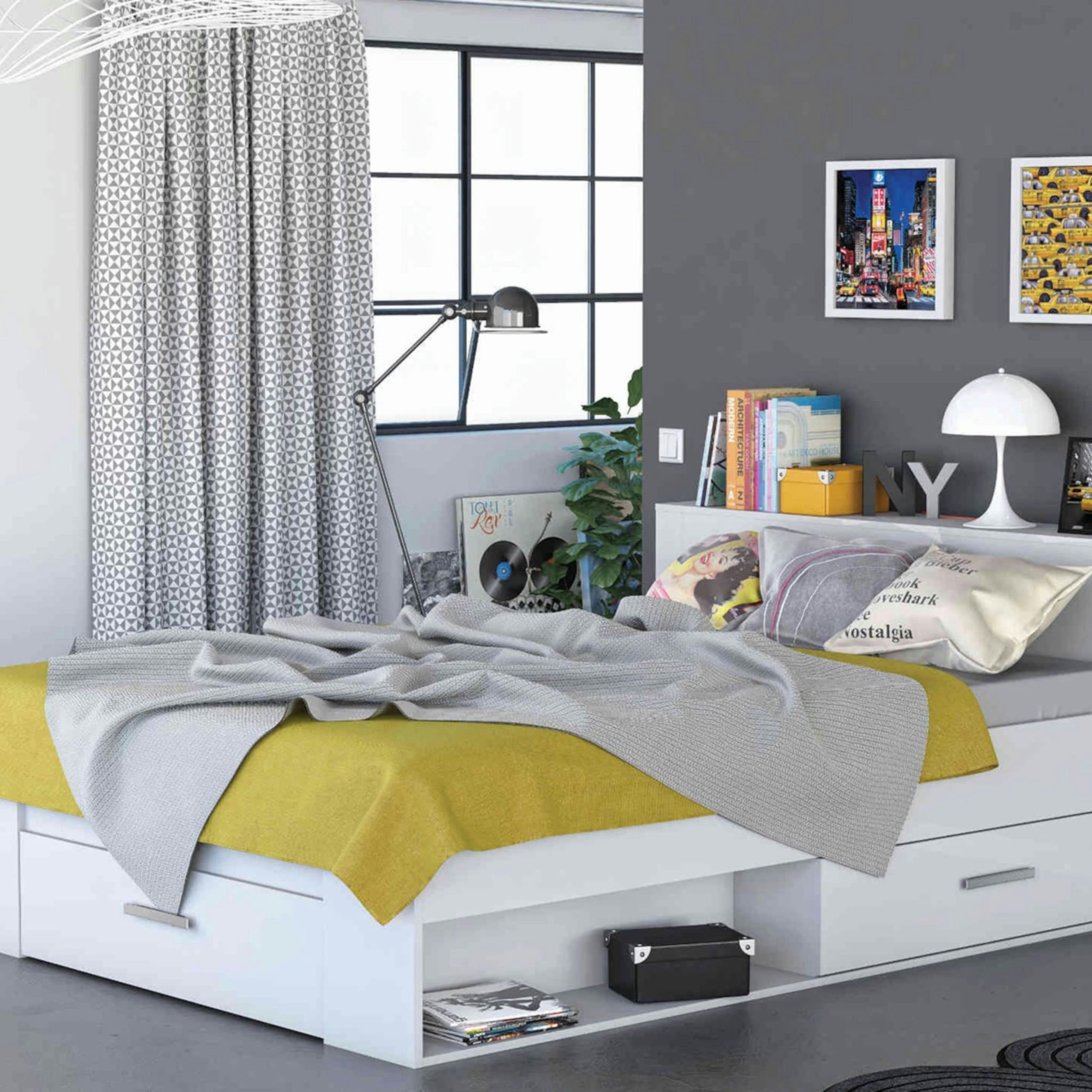 - Lit en bois blanc perle avec tiroir 160x200 cm