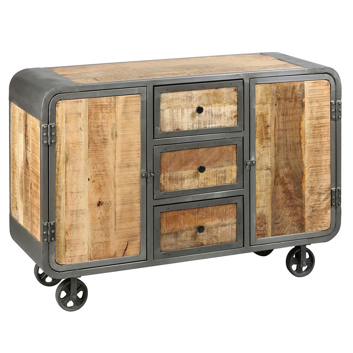 EDWIN - Buffet  2 portes 3 tiroirs acier et bois massif