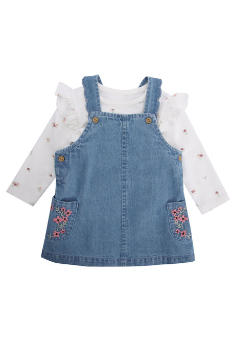 Baby Girls Blue Dungaree Dress & Floral Top Set
