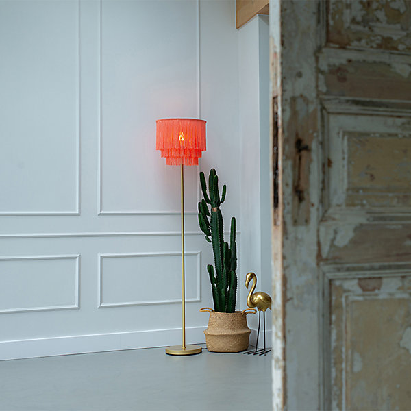 Lampadaire oriental doré avec abat-jour rose à franges - Franxa