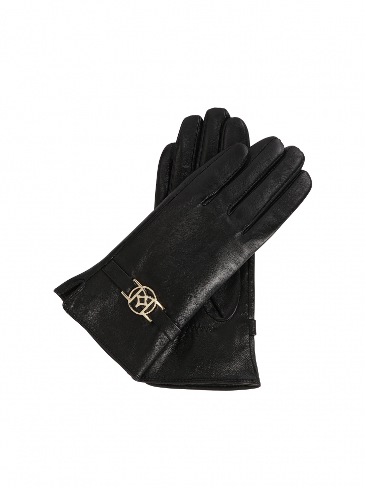 Black leather gloves with monogrammed strap