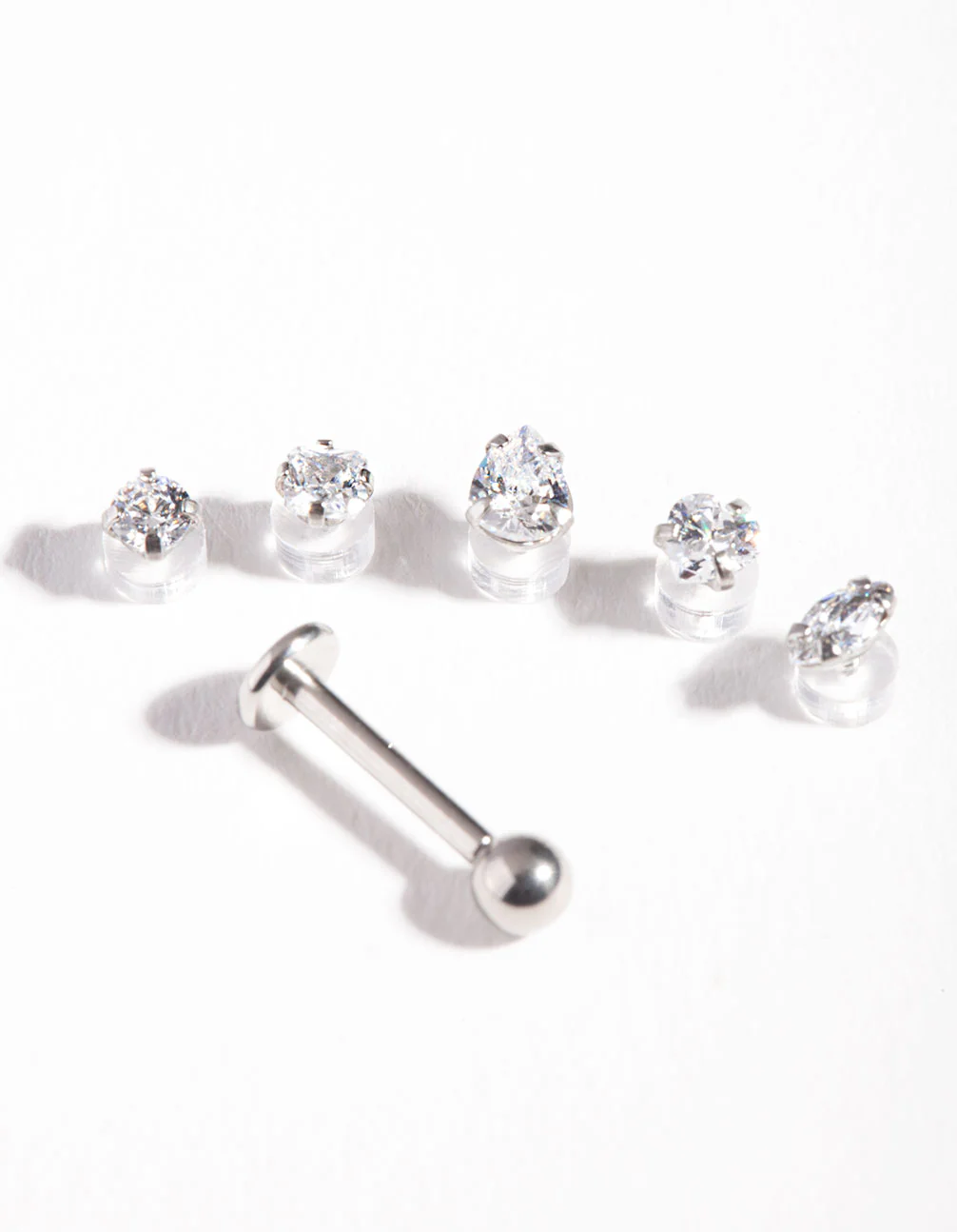 Surgical Steel Single Flat Back Bar & Cubic Zirconia Interchangeable Ends 6-Pack