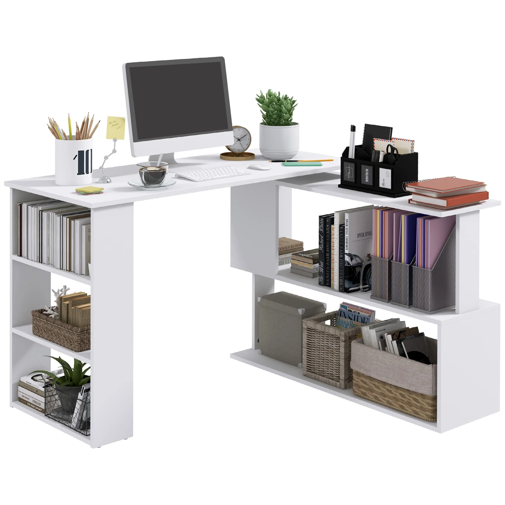 L-Shaped 360° Rotating Home Office Desk Computer Desk with Multi-Tier Shelving, Space-Saving Corner Desk