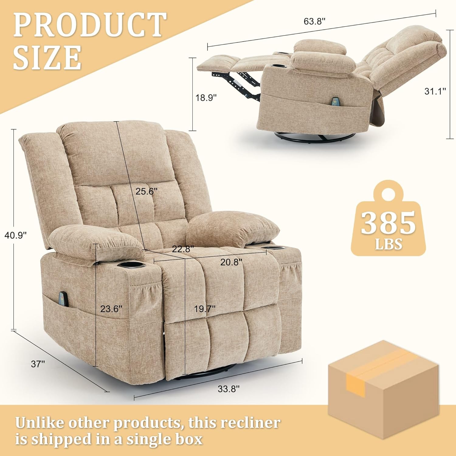 Korser 360° Swivel Rocker Recliner for Adults, Nursery Glider Recliner with Massage and Heating, Rocking Chair with Cup Holder, Manual Recliner Chair for Living Room, Bedroom (Fabric, Khaki)