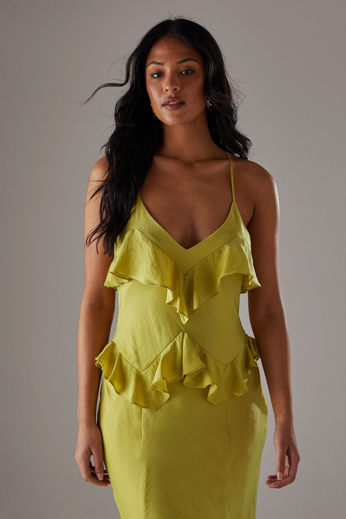Warehouse Ruffle Detail Bias Satin Dress
