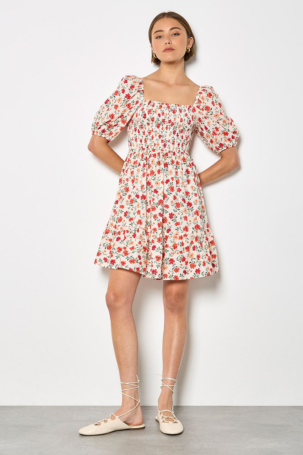 Apricot Floral Cotton Poplin Mini Dress