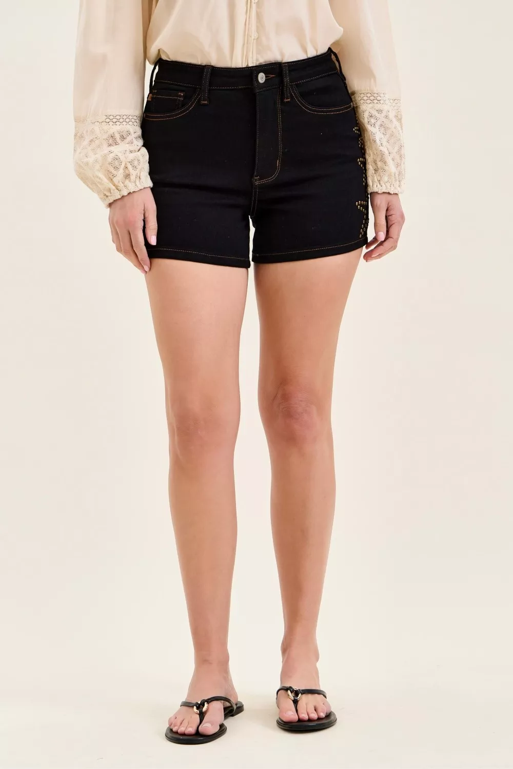 High Waist Slim Denim Short with Star Studded