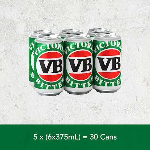 Victoria Bitter, VB Beer, Full Flavoured & Full Strength Lager, 4.9% ABV, 375mL (Case of 30 Cans)
