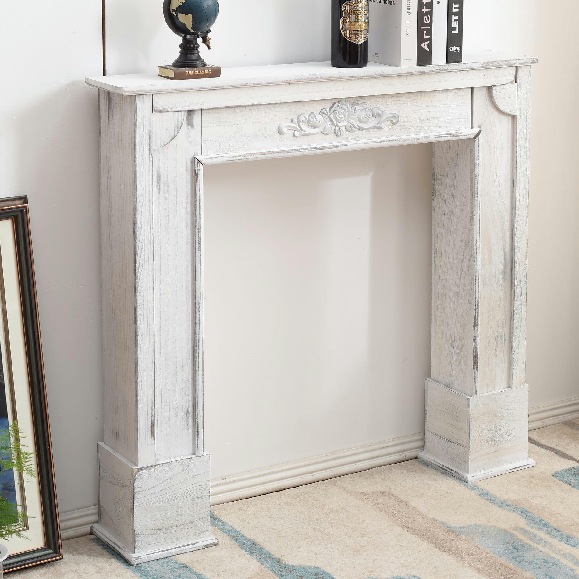 NATURAL - Manteau de cheminée effet vieilli 105x21x100 cm en paulownia blanc