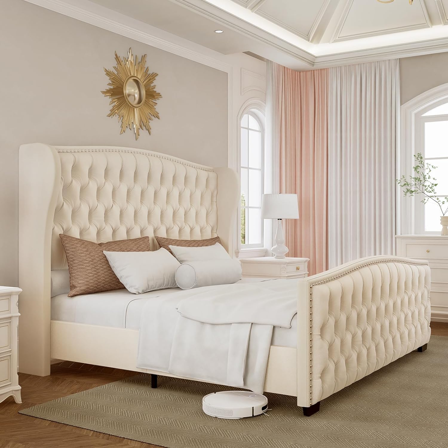 King Platform Bed Frame with Wingback Headboard, Velvet Upholstered Bed Frame with Handmade Button Tufted & Nailhead, Wooden Slats Support, Cream